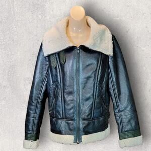 Missguided Womens Jacket Size 10 Green Faux Shearling Leather Aviator Pilot